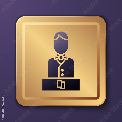 Purple Casino dealer icon isolated on purple background. Casino croupier. Gold square button. Vector Illustration