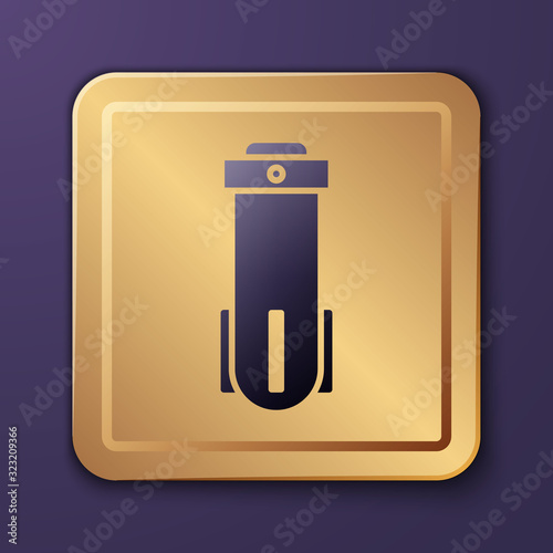 Purple Water filter icon isolated on purple background. System for filtration of water. Reverse osmosis system. Gold square button. Vector Illustration