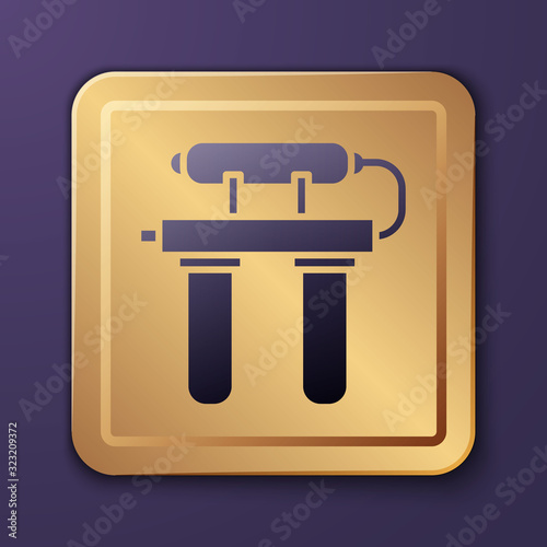 Purple Water filter icon isolated on purple background. System for filtration of water. Reverse osmosis system. Gold square button. Vector Illustration