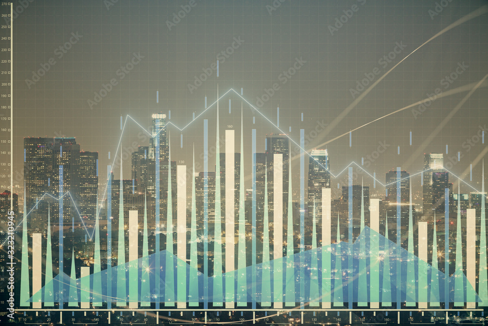 Multi exposure of forex chart drawings over cityscape background. Concept of success. Multi exposure of forex chart drawings over cityscape background. Concept of success.