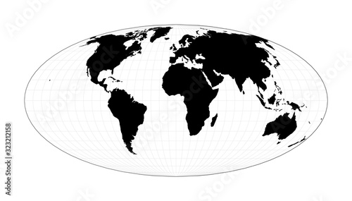 EPS10 Vector World Map. Equal-area, pseudocylindrical Mollweide projection. Plain world geographical map with graticule lines. Vector illustration.