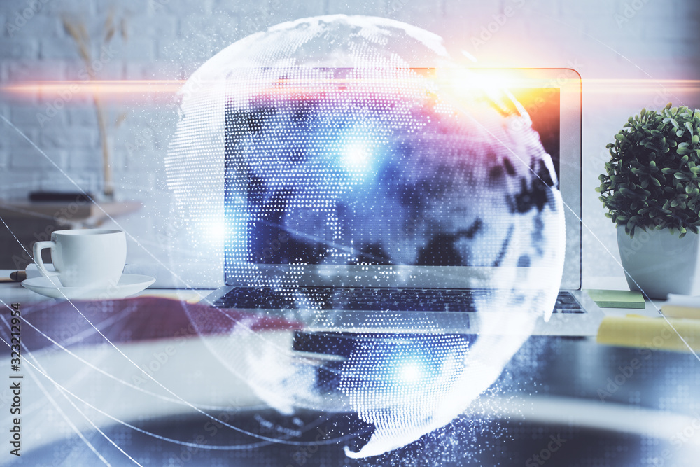 Multi exposure of business theme icons and work space with computer background. Concept of success. Multi exposure of business theme icons and work space with computer background. Concept of success.