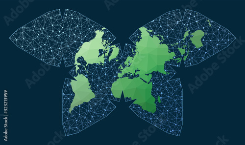 Internet and global connections map. Polyhedral Waterman projection. Green low poly world map with network background. Captivating connections map for infographics or presentation.