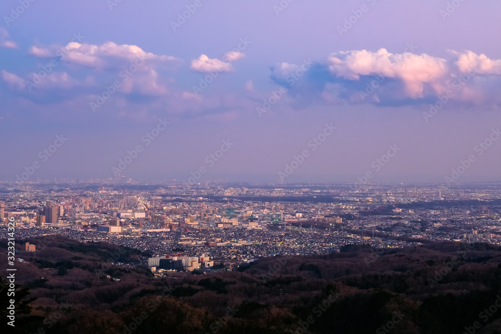 東京 高尾山 かすみ台展望台からの夕景 横浜方面