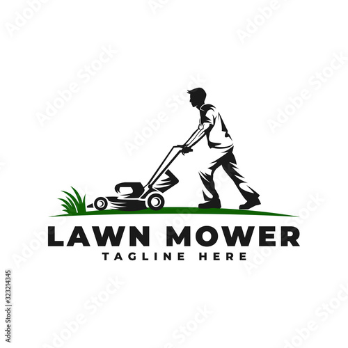 Lawn Mower with People Logo Vector Icon Illustration