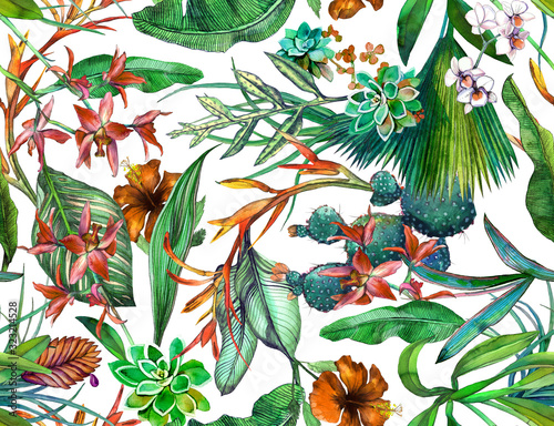 Tropical seamless pattern with tropical flowers, banana leaves. Painted in watercolor on a white background.