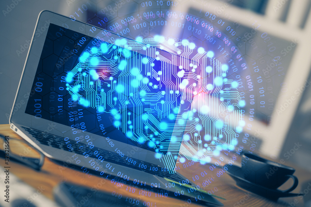 Double exposure of work table with computer and brain sketch hologram. Brainstorming concept.