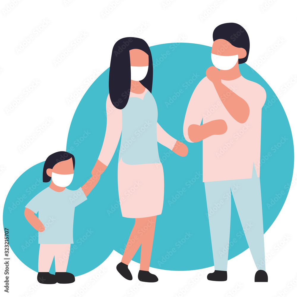 Family in a protective mask. Vector illustration for design isolated on a white background. Young man woman child protected. Health care. Mask for the face. Anti-influenza anti-dust antivirus. China Family in a protective mask. Vector illustration for design isolated on a white background. Young man woman child protected. Health care. Mask for the face. Anti-influenza anti-dust antivirus. China