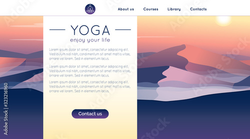 Vector yoga illustration with mountains landscape and sample text in gradient colors for use as a template of landing page for yoga center, studio, retreat or alternative medicine.