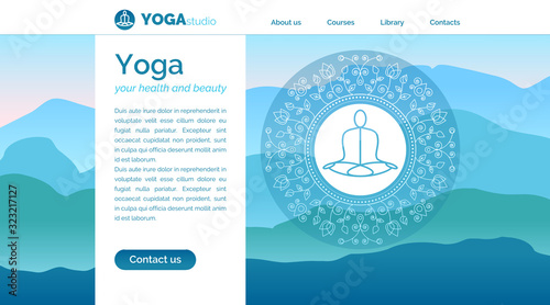 Vector yoga illustration with mountains landscape, yogi, ethnic pattern and sample text in blue colors for use as a template of landing page for yoga center, studio, retreat or alternative medicine.