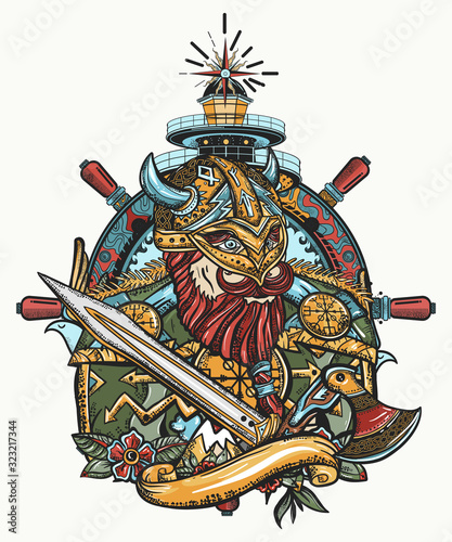 Bearded viking in armor, lighthouse and steering wheel. Tattoo and t-shirt design. Warrior man. Scandinavian culture. Valhalla art. Northern history