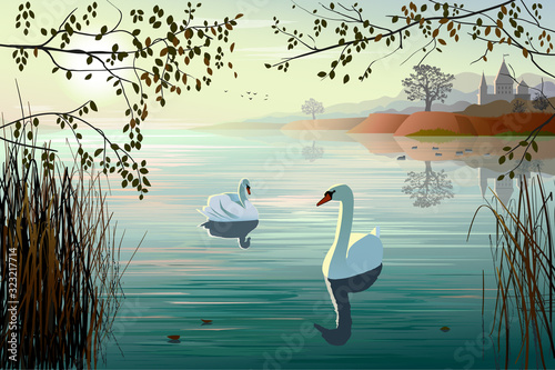 Fototapeta Naklejka Na Ścianę i Meble -  Vector landscape with morning lake, swans, birds, sun and castle on a hill in gradient colors for use as a illustration of nature, template of banner tourist agency, backdrop, poster, landing page