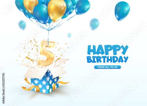 Celebrating of 5 th years birthday vector 3d illustration. Fifth anniversary celebration. Open gift box with explosions confetti and number five flying on balloons on light background