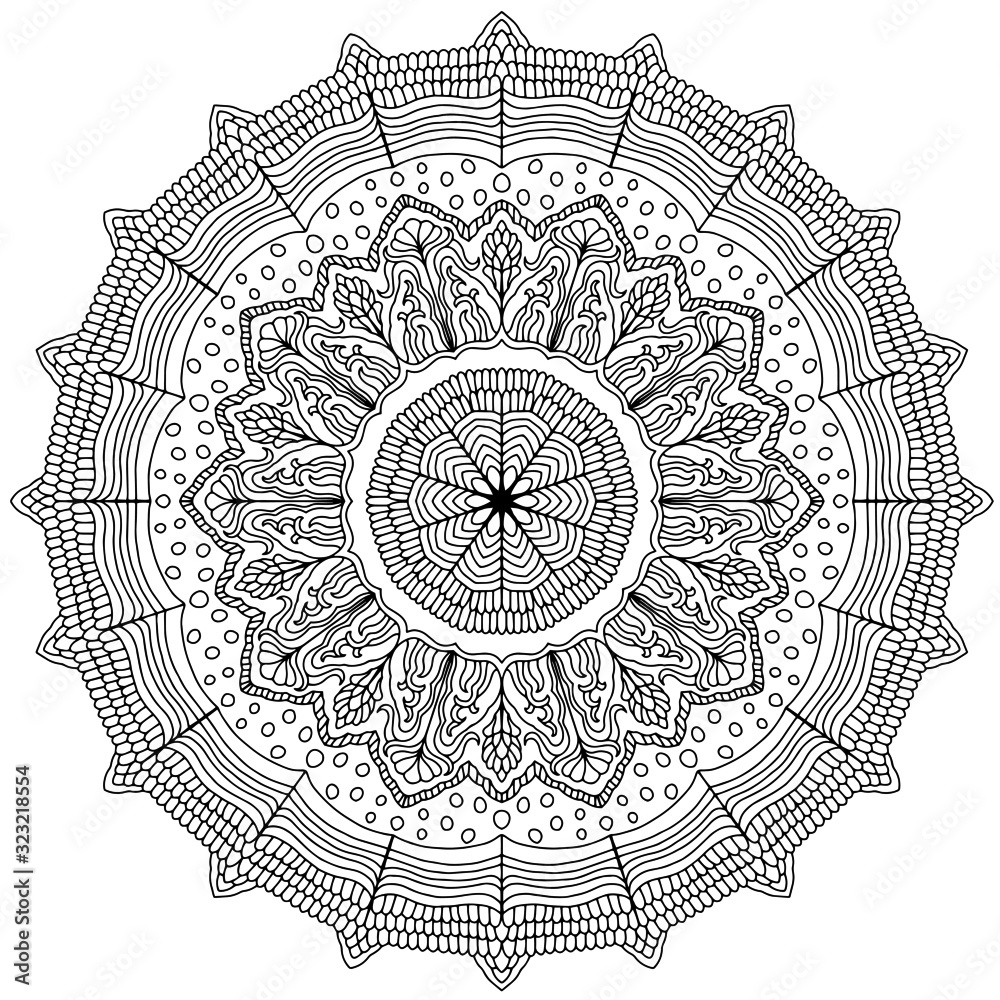 Flower Mandala black and white line drawing, coloring design