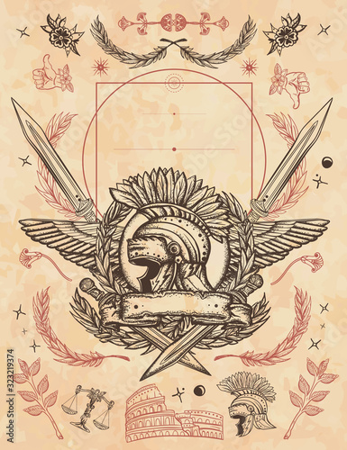 Ancient Rome background. Spartan helmet, wings, crossed swords and laurel wreath. Old Italian history. Symbol of war, courage, strength. Gladiator art