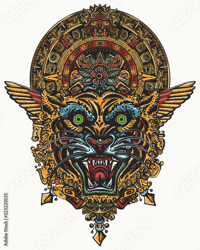 Tiger head and mayan sun calendar. Wild cat totem, jungle art. Esoteric tattoo and t-shirt design. Mesoamerican mexican culture photo