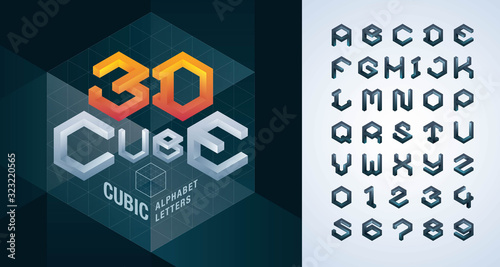 Vector of Cube Alphabet Letters and numbers, Abstract 3d Hexagon stylized fonts
