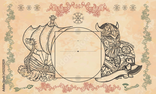 Vikings background. Medieval barbarian and long boat. Scandinavian culture. Valhalla art. Northern history template