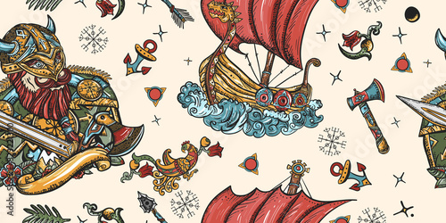 Vikings seamless pattern. Medieval barbarian warrior, long boat. Scandinavian culture. Valhalla art. Northern history background Old school tattoo style