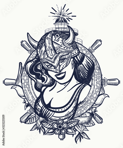Viking woman, lighthouse and steering wheel. Tattoo and t-shirt design. Warrior girl. Scandinavian culture. Valhalla art. Northern history