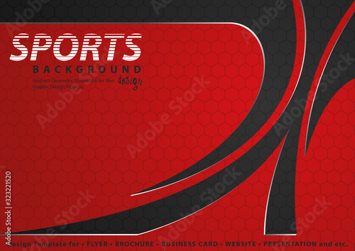 Red Abstract Background with Hexagonal Pattern and Black Curved Shapes with S...