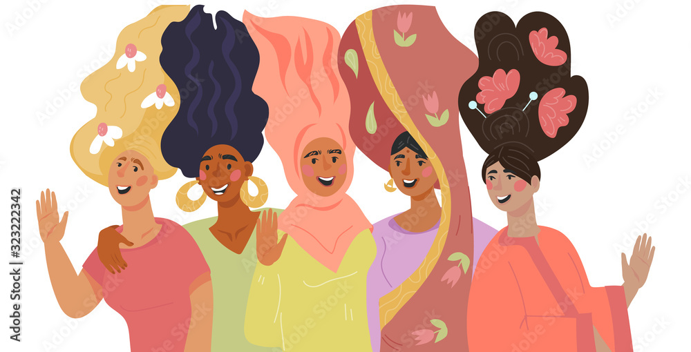 Group of multi ethnic diverse women or girls cartoon characters. The concept of feminism, gender equality and solidarity on March 8 - International Womens Day. Flat vector illustration. Group of multi ethnic diverse women or girls cartoon characters. The concept of feminism, gender equality and solidarity on March 8 - International Womens Day. Flat vector illustration.