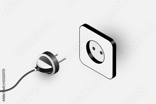 electric plug and socket isometric monochrome illustration, plug and soket isolated