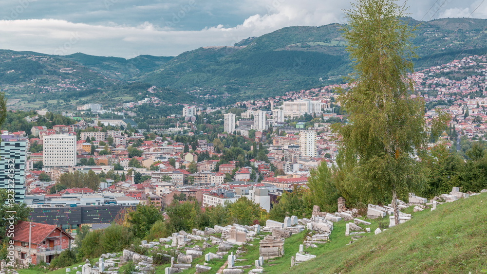 City panorama from Old Jewish cemetery timelapse in Sarajevo