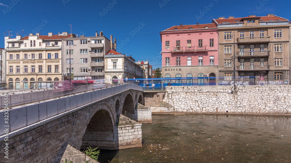 View of the Latin bridge timelapse hyperlapse, one of the oldest bridges of Bosnia and Herzegovina