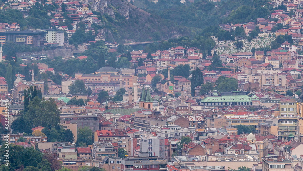 Aerial view of the historic part of Sarajevo city timelapse.