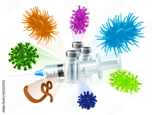 A syringe injection and medicine vial bottles deflecting bacteria or virus cells. Medical concept for immunisation protection from a vaccine vaccination, herd immunity or other.
