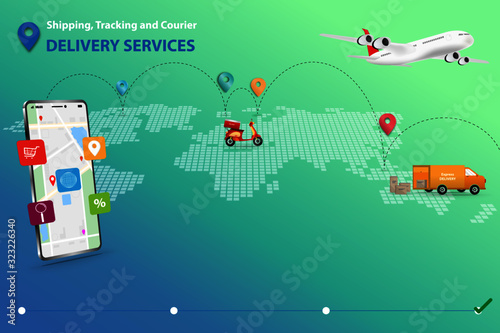 Concept of shipping  tracking and courier delivery services  icon about shopping online on top of the display which contains map and gps. Route of shipment  Van  Scooter and Airplane in a background.