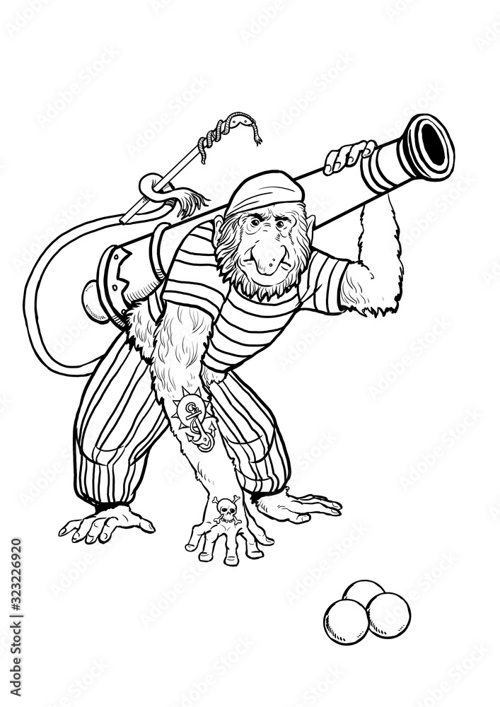 Long nosed monkey pirate with gun coloring page. Outline clipart illustration. Monkey and apes ...