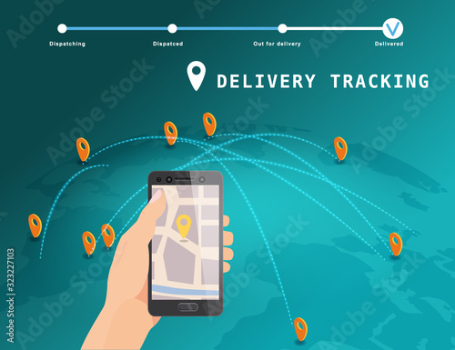 Delivery Global tracking system service online isometric design with markers cargo on map Earth.