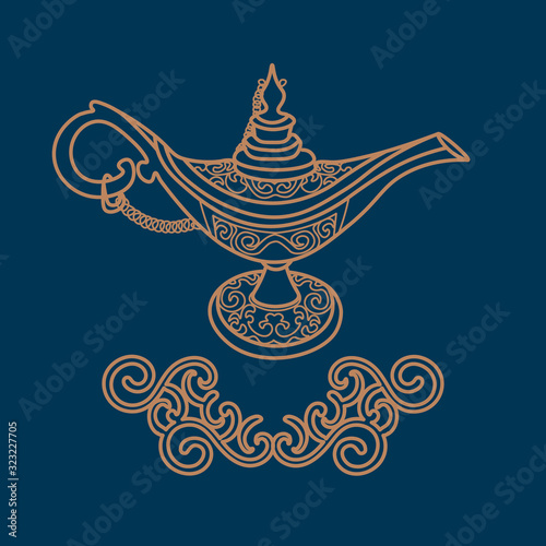 Contour filigree aladdin lamp on dark blue background