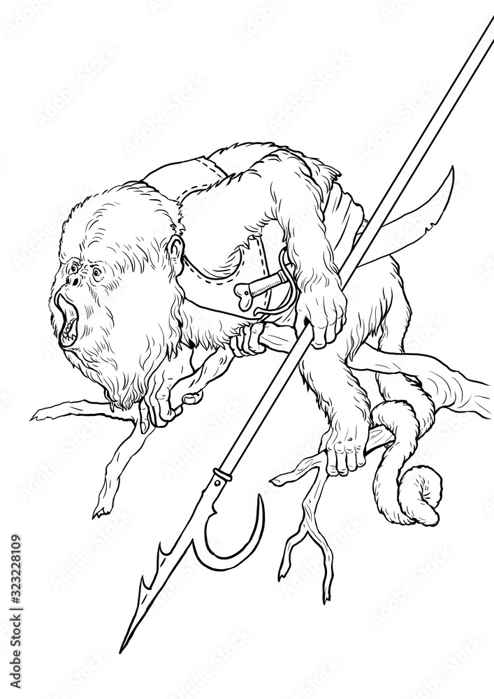 Howler monkey pirate coloring page. Funny outline clipart illustration