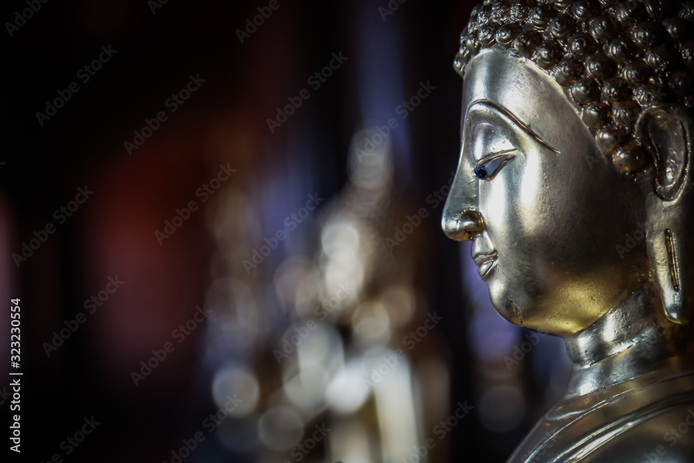 Selective focus  close-up shots of of the Buddha images with soft light and layout design for a beautiful religious background.