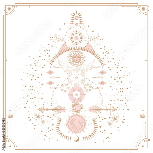 Set of mystical and mysterious illustrations in hand drawn style.  Minimalistic objects made in the style.  boho style signs and symbols. outer space, moon, sun system. vector.