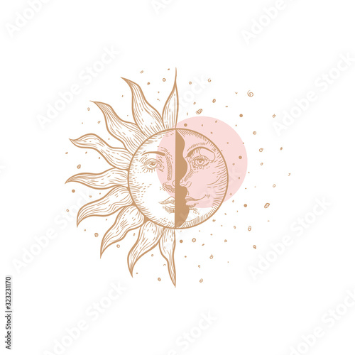 Set of mystical and mysterious illustrations in hand drawn style.  Minimalistic objects made in the style.  boho style signs and symbols. outer space, moon, sun system. vector.