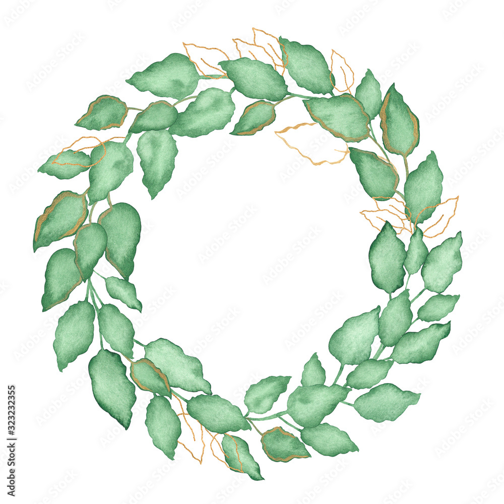Fototapeta premium Watercolor wreath of green and gold leaves isolated on a white background. For invitations, greeting cards, banners, labels.