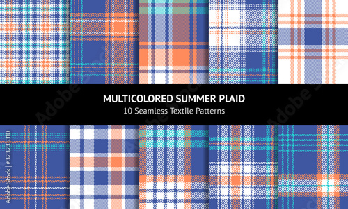 Plaid pattern set. Seamless multicolored tartan check plaid in bright blue, soft orange, and turquoise for colorful flannel shirt, blanket, throw, or other modern summer textile design.