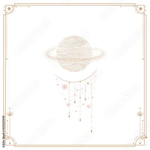 Set of mystical and mysterious illustrations in hand drawn style.  Minimalistic objects made in the style.  boho style signs and symbols. outer space, moon, sun system. vector.