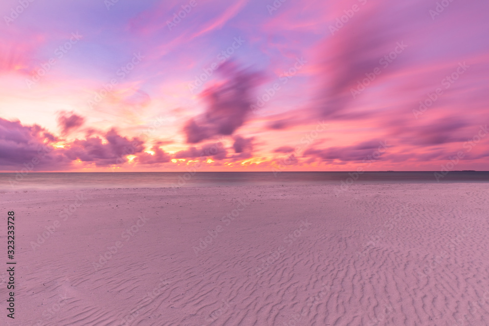 Fototapeta Sea sand sky concept, sunset colors clouds, horizon, horizontal background banner. Inspirational nature landscape, beautiful colors, wonderful scenery of tropical beach. Beach sunset, summer vacation