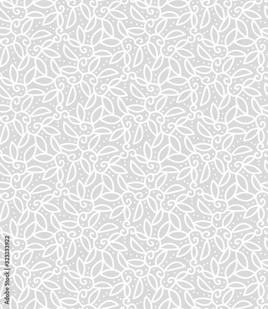Fototapeta A white botanical linear ornament seamless vector pattern on a grey background. Decorative surface print design in light colors.