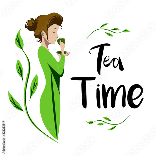 Elegant woman in green dress drinking tea, green leaves and text 'tea time'
