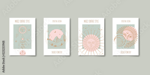 Set of mystical and mysterious illustrations in hand drawn style.  Minimalistic objects made in the style.  boho style signs and symbols. outer space, moon, sun system. vector.
