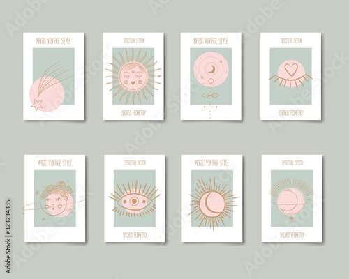 Set of mystical and mysterious illustrations in hand drawn style.  Minimalistic objects made in the style.  boho style signs and symbols. outer space, moon, sun system. vector.