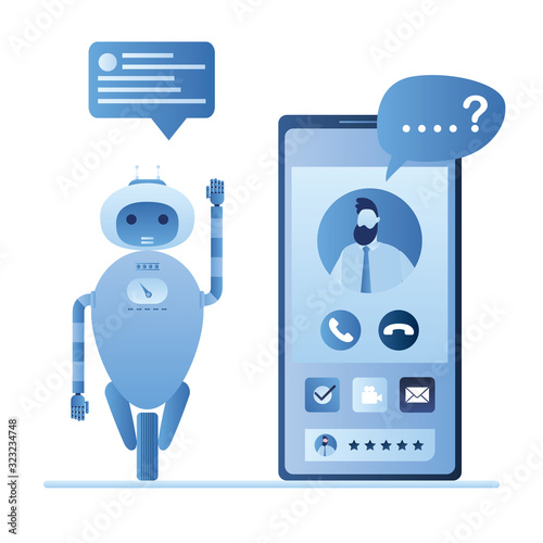 Chatbot robot concept background. Dialog help service. User avatar on smartphone screen and bot with speech message.