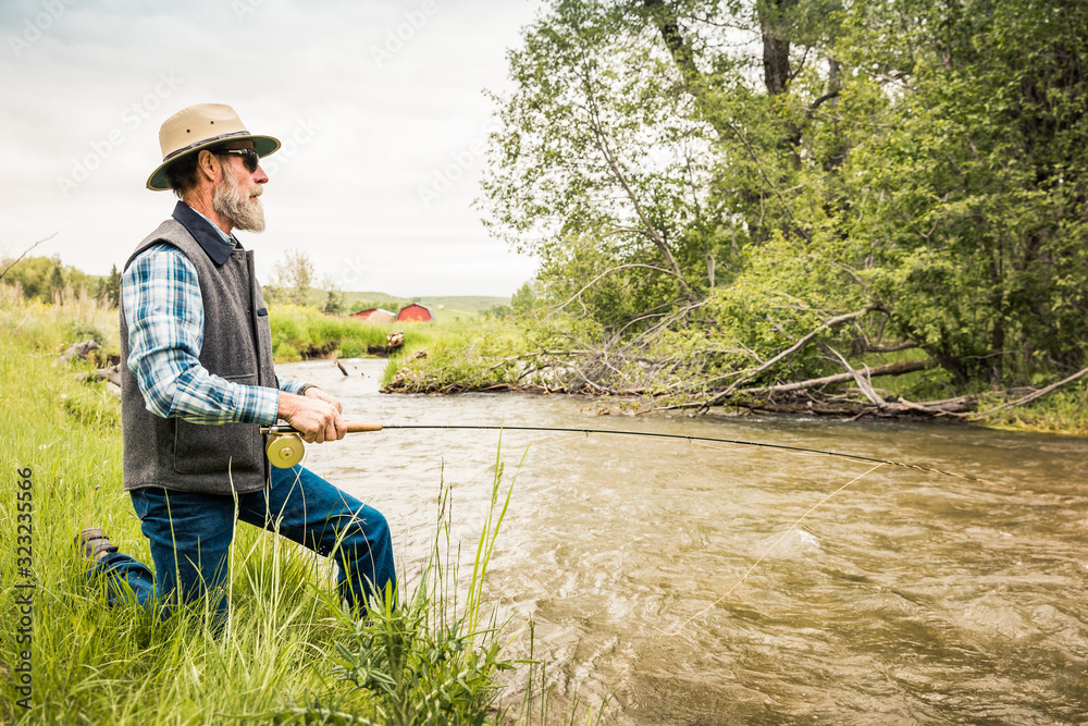 Man fly fishing on small stream. Red Lodge, Montana, USA Man fly fishing on small stream. Red Lodge, Montana, USA