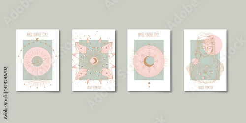 Set of mystical and mysterious illustrations in hand drawn style.  Minimalistic objects made in the style.  boho style signs and symbols. outer space, moon, sun system. vector.